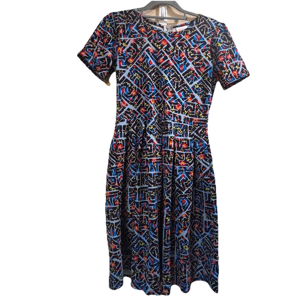 Lularoe Amelia Dress Colorful Mosaic Stretch Short Sleeve‎ Zip Up Size Medium
